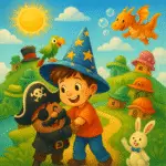 Thiago e o Reino dos Chapéus Encantados Menino de mago caminha sorrindo com pirata, dragão, coelho e papagaio em vila lúdica.