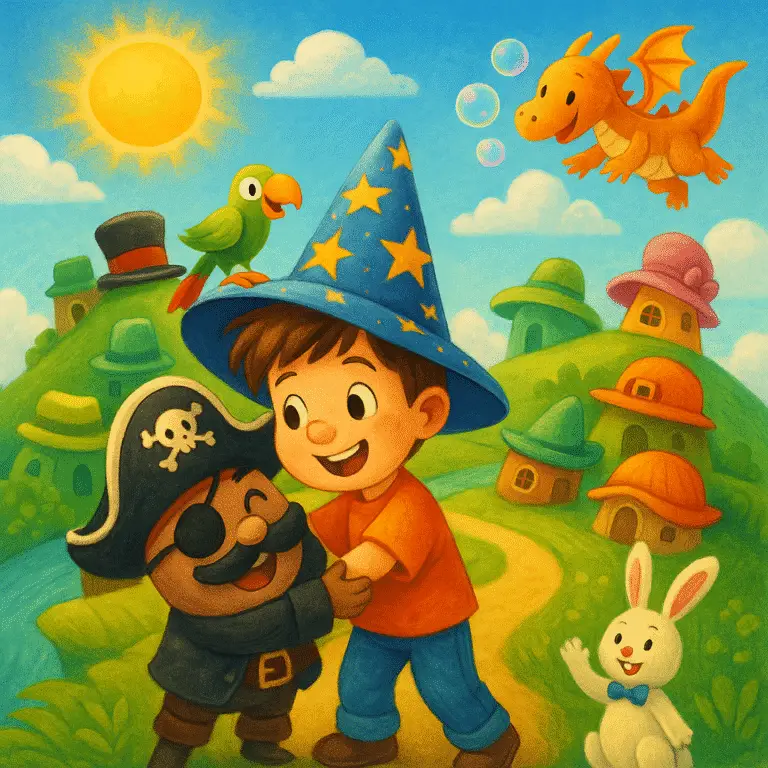 Menino de mago caminha sorrindo com pirata, dragão, coelho e papagaio em vila lúdica.