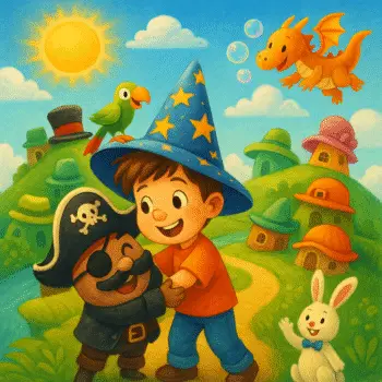 Menino de mago caminha sorrindo com pirata, dragão, coelho e papagaio em vila lúdica.