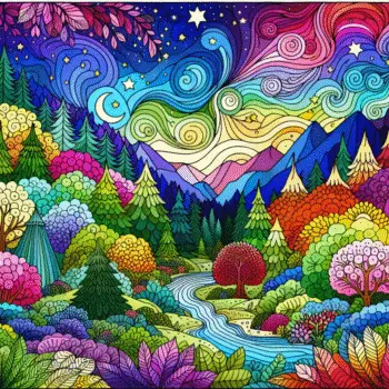 Paisagem colorida com rio sinuoso, montanhas ao fundo e céu estrelado psicodélico.