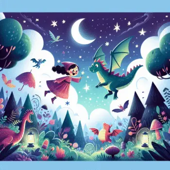 Menina voa com dragão em noite estrelada com lua crescente sobre floresta encantada.