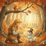 A Floresta da Família Encantada Menina conversa com coelho de chapéu, esquilo na árvore, coelhos perto da fogueira.