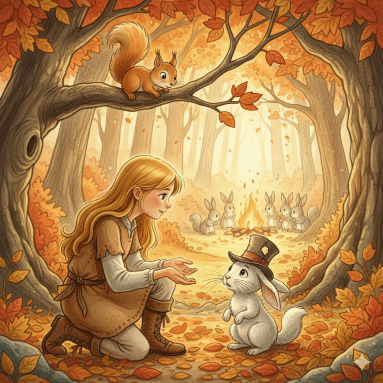 Menina conversa com coelho de chapéu, esquilo na árvore, coelhos perto da fogueira.
