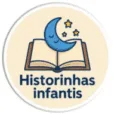 Ilustração de livro aberto com lua adormecida e estrelas, representando historinhas infantis.