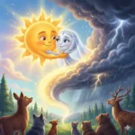 Sol abraça a Lua, enquanto animais observam a chuva com raios em floresta.