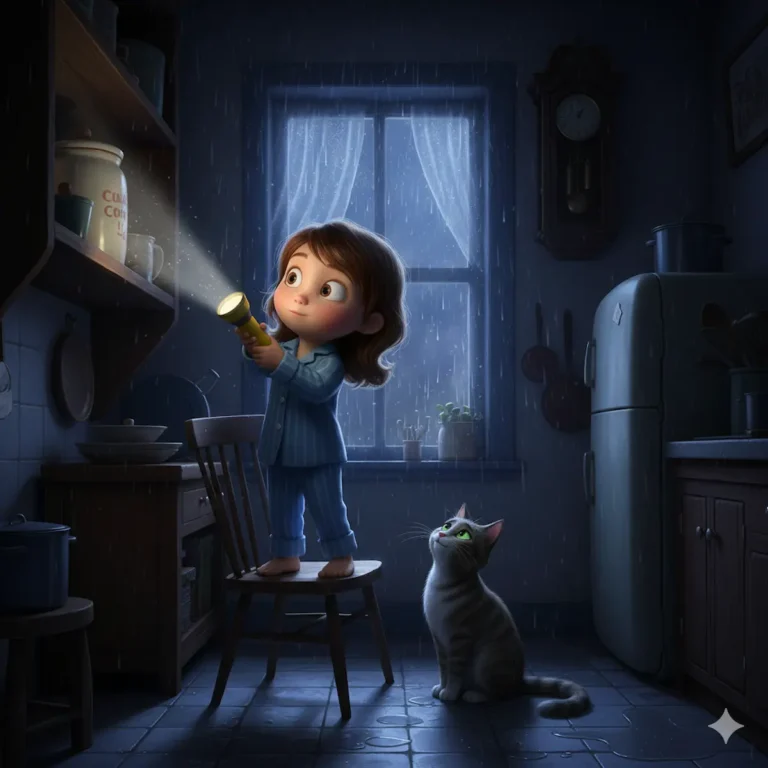 Menina em pijama ilumina prateleira com lanterna, enquanto gato cinza olha para cima.