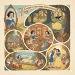 Branca de Neve em cenas da história: espelho, floresta, casa dos anões, caixão e beijo do príncipe.