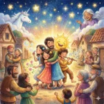 Família alegre abraçada sob estrelas e unicórnio num vilarejo iluminado.