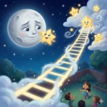 Lua com rosto tocada por estrela, crianças olhando escada luminosa para estrelas sorrindo nas nuvens.