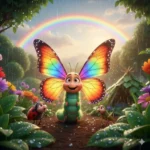Caterpillar-butterfly sorrindo com joaninha e grilo sob arco-íris na chuva.