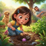 Menina cavando, encontra criatura roxa que ronca; cachorro e pai dormindo ao fundo.