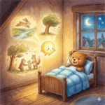 Urso sorrindo na cama, com sonhos de animais e lua brilhando na parede.