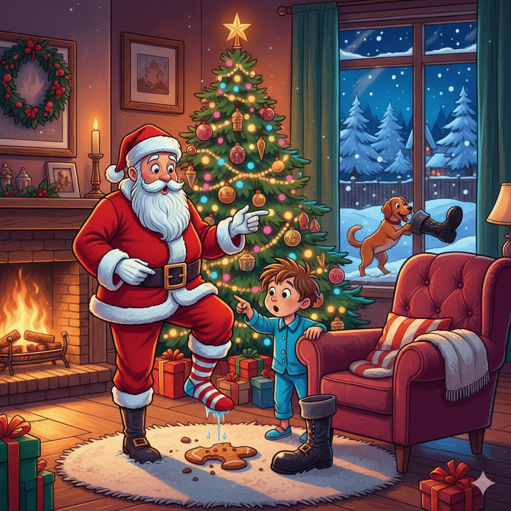 Papai Noel e menino apontam para biscoito derretido, enquanto cão brinca com bota.