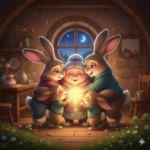 Coelhos e uma avó compartilham um brilho mágico em aconchegante cabana iluminada pela lua.