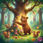 Urso sorrindo toca árvore mágica iluminada, com esquilos e borboletas em bosque florido.