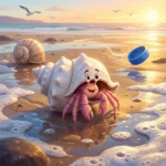 Caranguejo-ermitão sorrindo sai da concha na praia ensolarada perto de uma tampinha de garrafa.