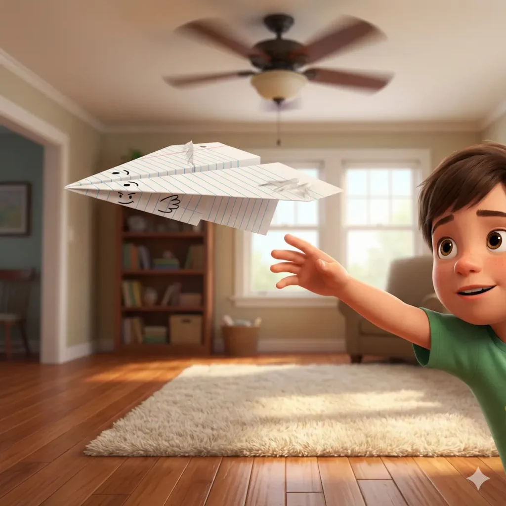 Menino animado lançando avião de papel com rosto desenhado em sala ensolarada.