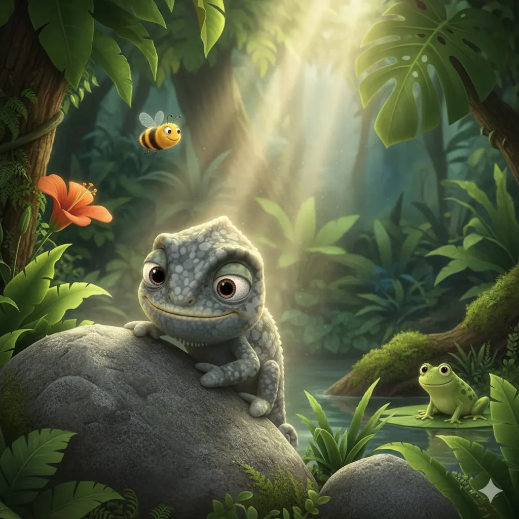 Camaleão sorri em pedra, enquanto abelha voa e sapo senta em vitória-régia na floresta.