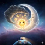 Sol sorrindo na lua observa crianças dormindo sob um céu estrelado.