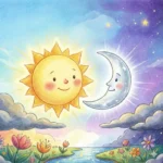 O Pequeno Sol e a Lua Brilhante | Contos para Dormir Sol sorrindo encontra a lua crescente em ilustração colorida de dia e noite.