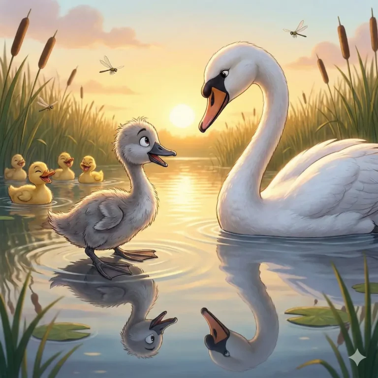 Cisne branco e patinho cinzento encontram-se num lago com patinhos amarelos e libélulas ao pôr do sol.