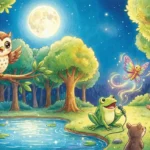 Coruja acenando, sapo cantando, rato lendo e borboleta brilhando em ilustração infantil noturna.