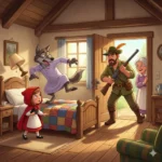 Chapeuzinho Vermelho e o Lobo da Floresta Lobo de óculos e camisola lilás saltando da cama, Chapeuzinho Vermelho surpresa e o caçador entrando pela porta, com a vovó sorrindo atrás dele