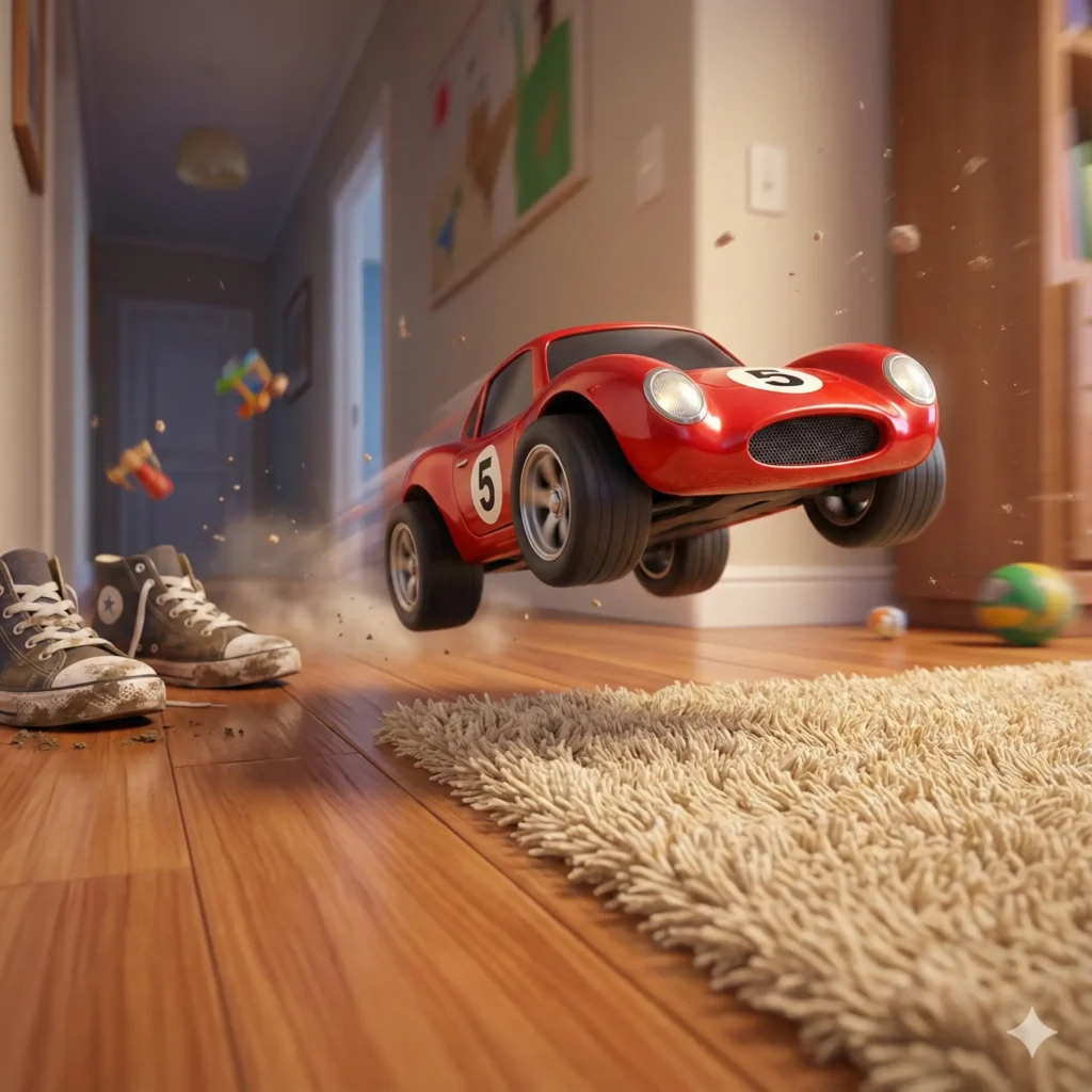 Carro vermelho de brinquedo voando sobre tapete em um quarto infantil bagunçado.