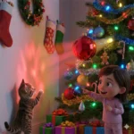 Gatinho brincando com luzes na parede, enquanto menina aponta para a árvore de Natal decorada.