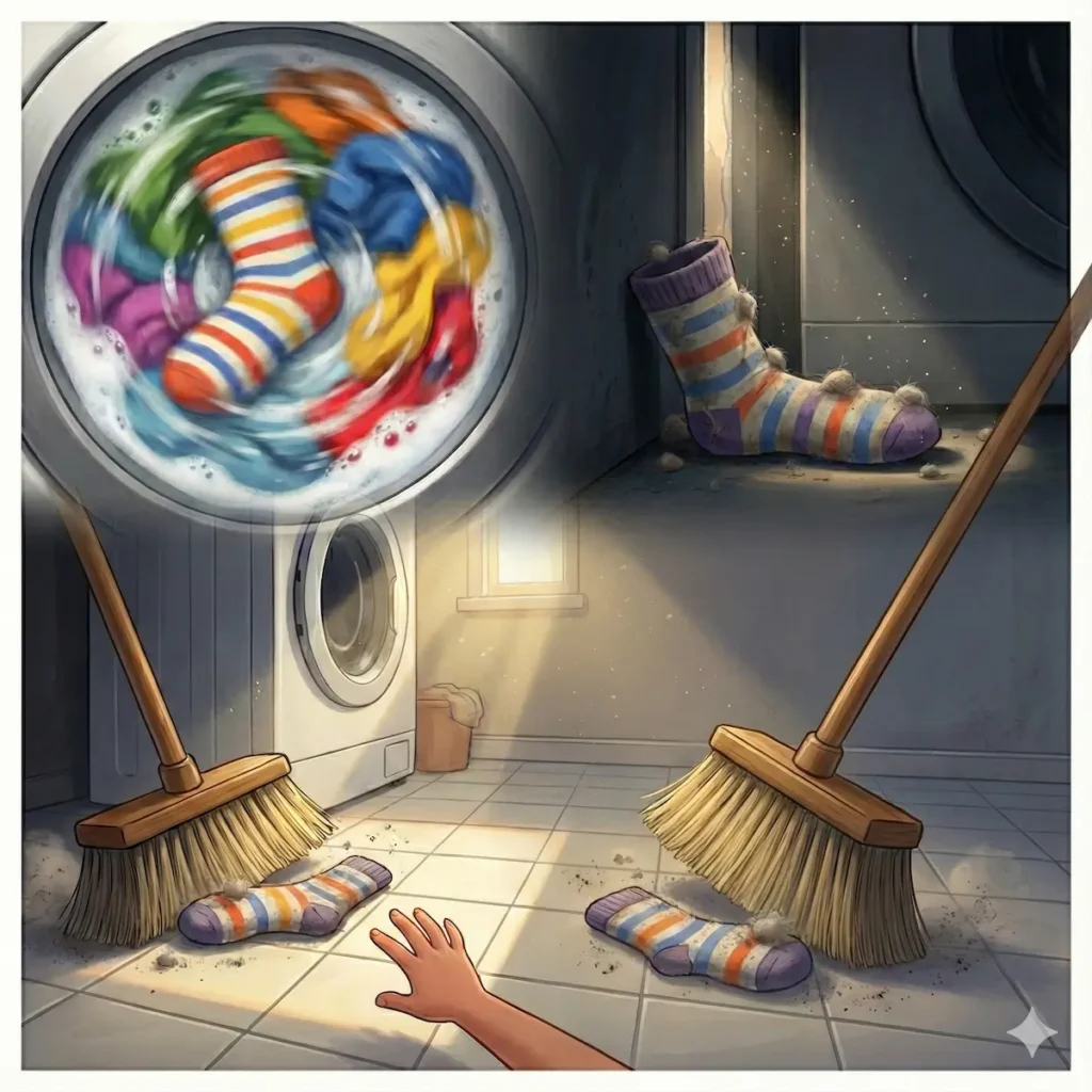 Meias listradas escapam da máquina de lavar e são varridas por vassouras.