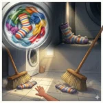 Meias listradas escapam da máquina de lavar e são varridas por vassouras.