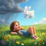 Menina deitada na grama florida observa coelho branco flutuando sob chuva.