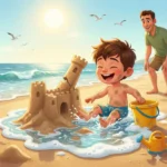 Menino sorrindo brinca na água fazendo um castelo de areia com seu pai.