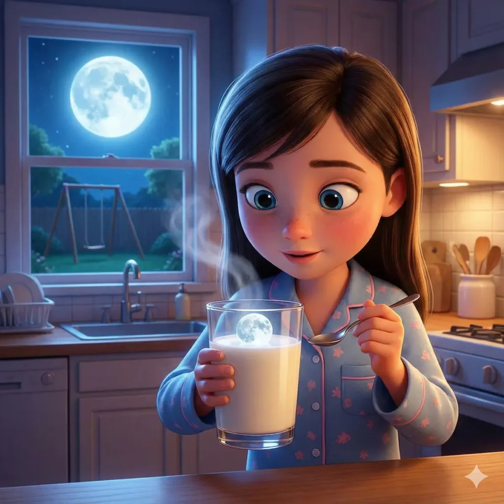Menina de pijama segurando copo de leite com a lua dentro.