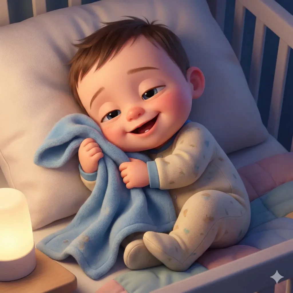 Bebê sorrindo no berço, abraçando uma manta azul sob a luz suave.