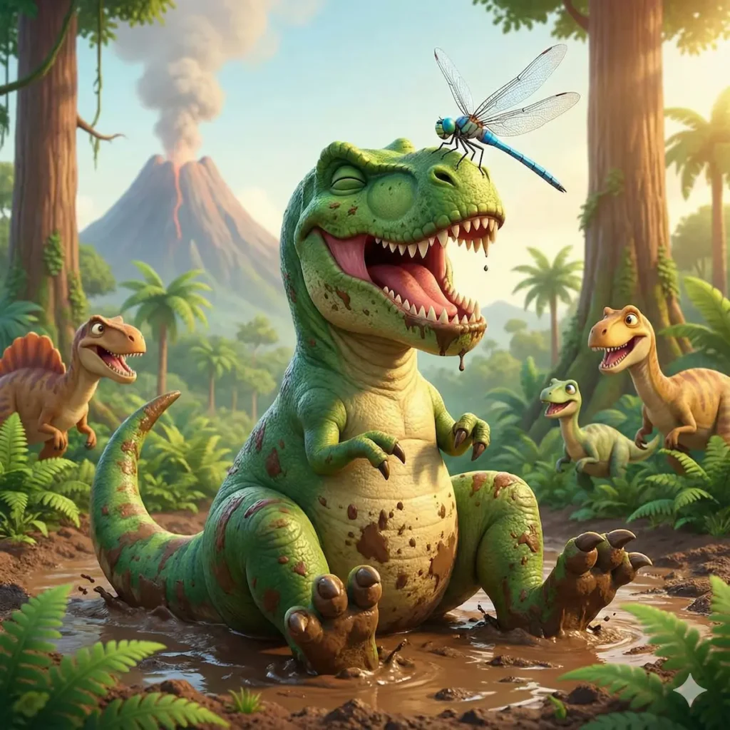 Dinossauro sorrindo sentado na lama com libélula na cabeça e outros dinossauros ao fundo.