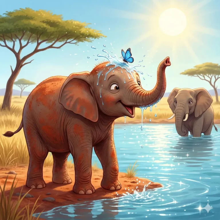 Elefantinho sorrindo com borboleta na cabeça, outro elefante na água sob o sol.