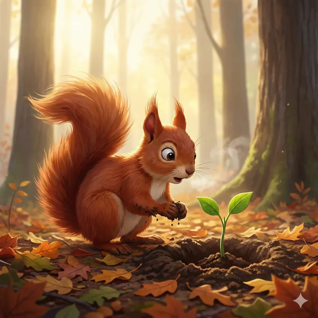 Esquilo admirado observa um broto verde em meio a folhas de outono na floresta.