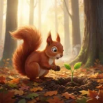 Esquilo admirado observa um broto verde em meio a folhas de outono na floresta.