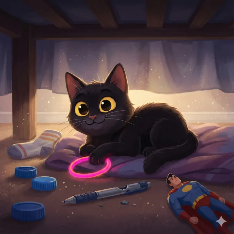 Gato preto de olhos grandes deitado sob a cama com brinquedos.
