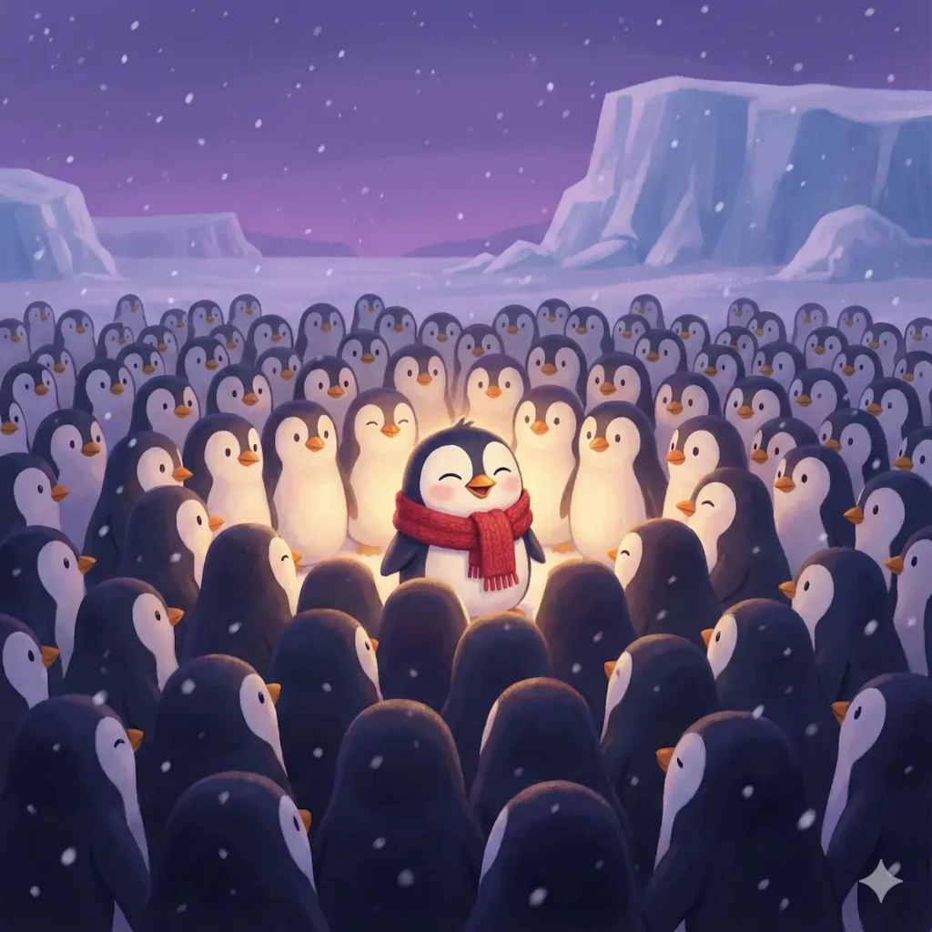 Pinguim sorrindo com cachecol vermelho cercado por outros pinguins em paisagem de neve.