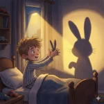 Menino na cama faz sombra de coelho com as mãos na parede.