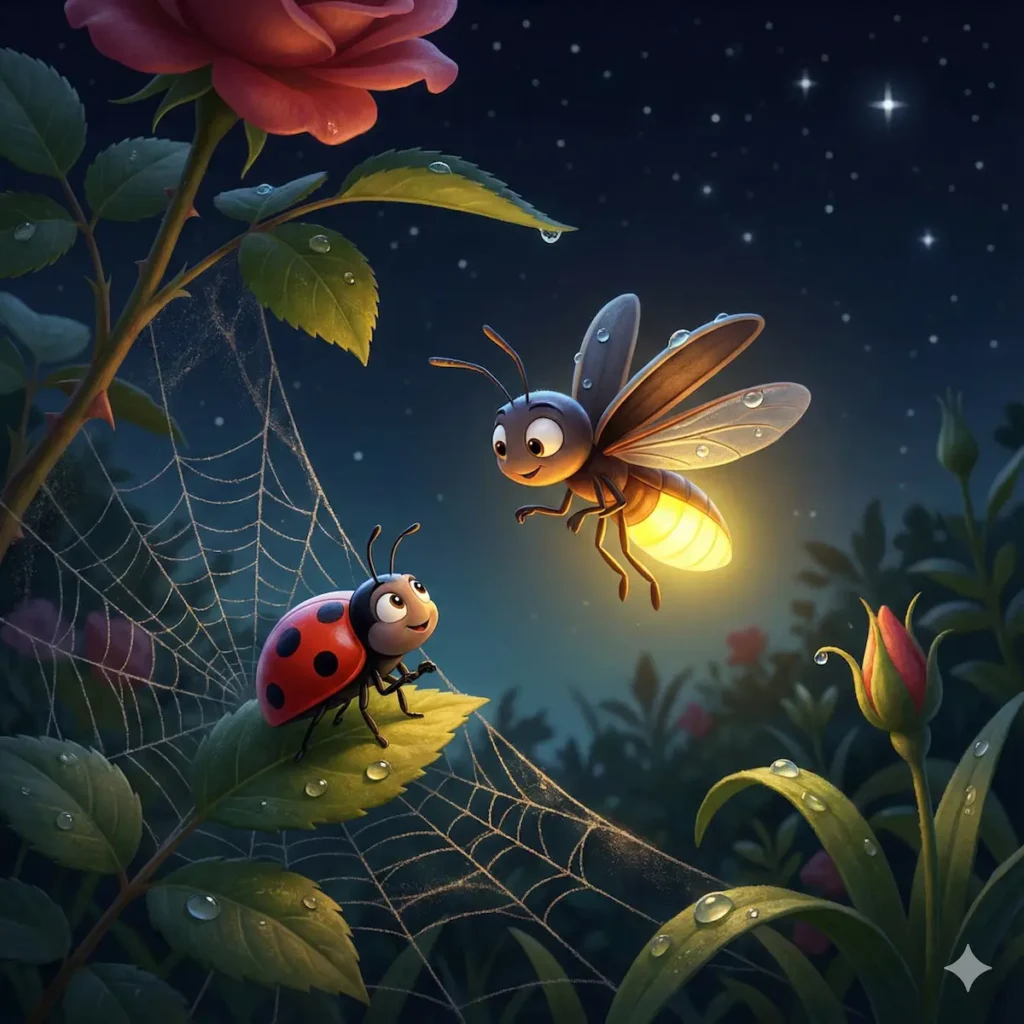 Ilustração de uma joaninha sorrindo para um vaga-lume luminoso sobre uma teia de aranha.