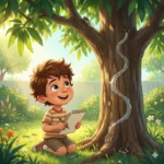 Menino sorrindo, desenhando lesma brilhante em árvore com cigarra em cena ensolarada.