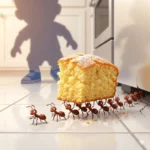 Formigas carregam um pedaço de bolo sob o olhar da sombra de uma criança.