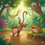 Macaco com flor na cabeça mergulha no rio, observados por bicho-preguiça e sapo.