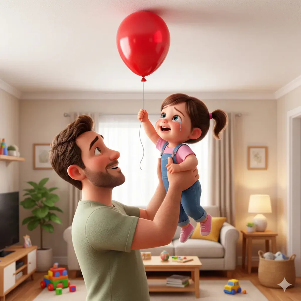 Pai segurando filha sorrindo e chorando que segura balão vermelho em ambiente doméstico.