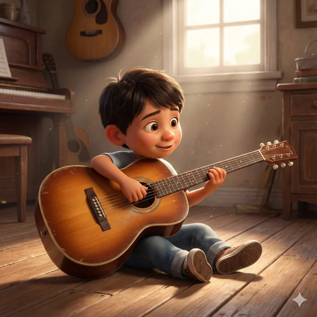 Menino sorrindo, sentado no chão de madeira, tocando violão em uma sala ensolarada.