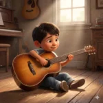 Menino sorrindo, sentado no chão de madeira, tocando violão em uma sala ensolarada.