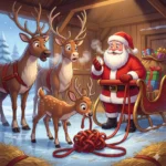 Papai Noel checando o tempo com renas curiosas e um filhote brincando com as rédeas.